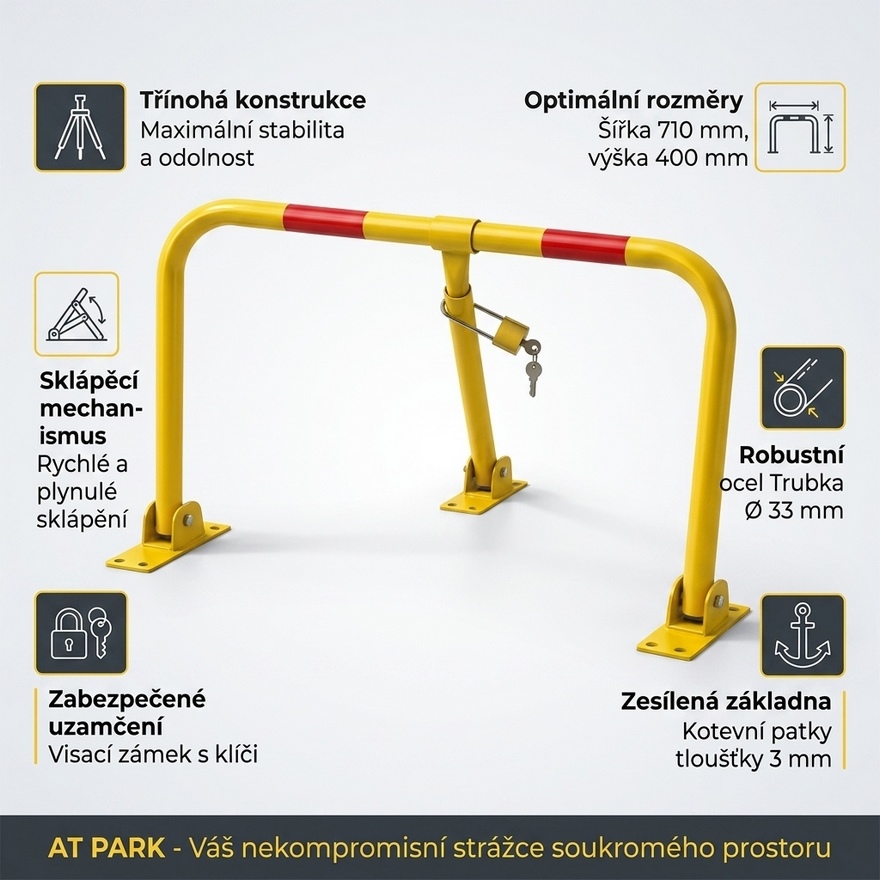 Parkovací zábrana AT PARK třínohá, 400 mm, skládací, přišroubovatelná
